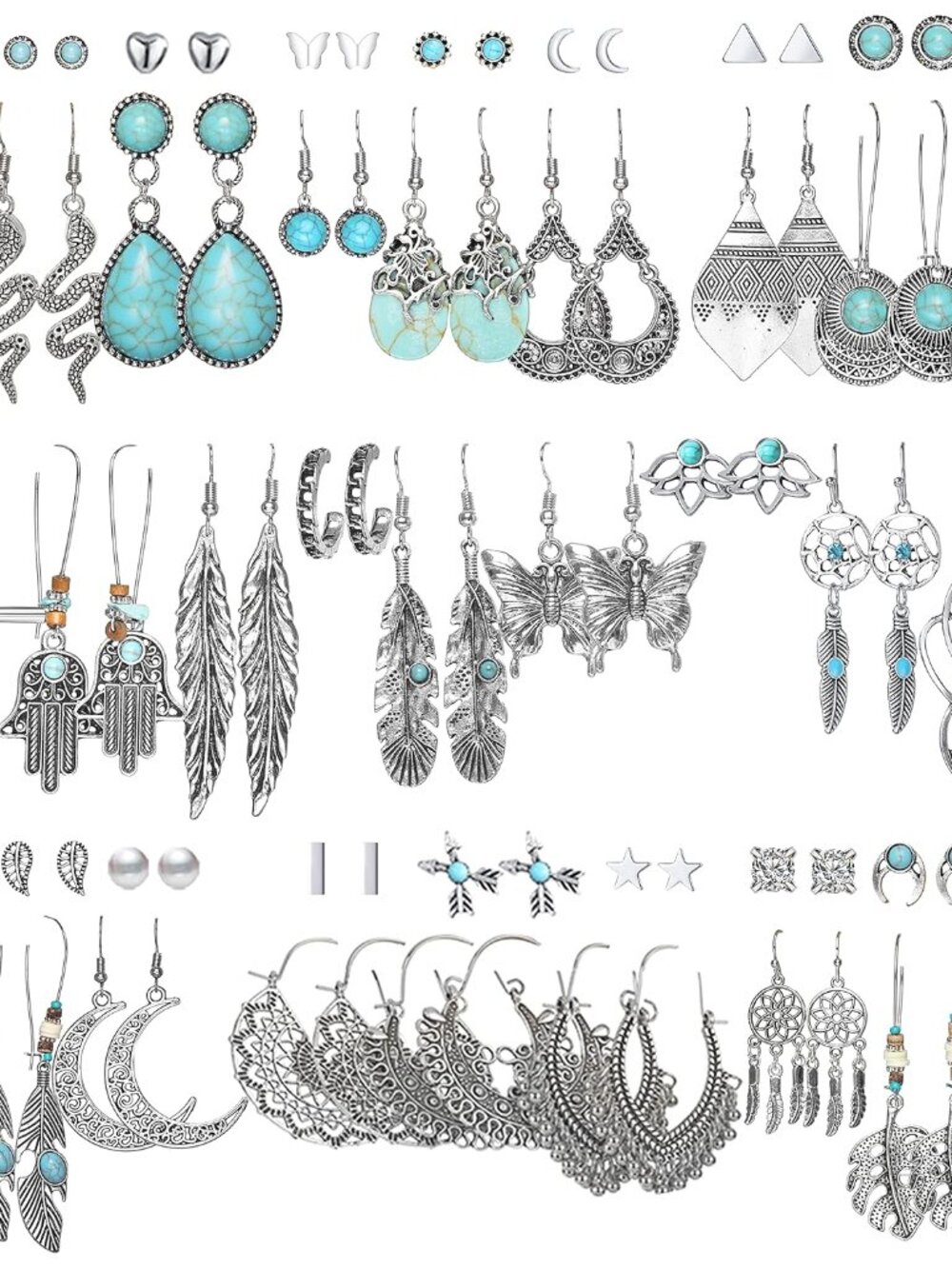 45 Pairs Silver Drop Dangle Earrings Set for Women, Boho Vintage Bronze Waterdro